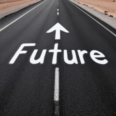 A white-painted arrow and 'Future' text on a desert asphalt road, symbolizing direction, progress, and new beginnings.