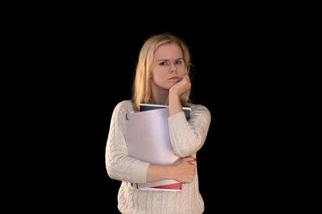 Concerned Student Holding Notebooks on Black Background