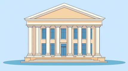 Hand drawn cute cartoon illustration of courthouse. Flat vector court building doodle. Facade with column icon or print. Justice and law concept. Control and order. Government legislation. Isolated.