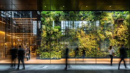 Motion blur image of business professionals in a green downtown area, sustainable corporate district, modern glass buildings with vertical gardens