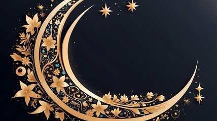 A crescent moon wrapped in floral ornaments, glowing stars in vector style for Ramadan Kareem.