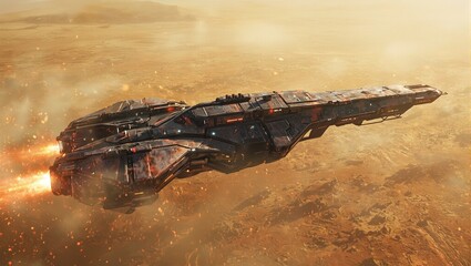 Futuristic alien spaceship soaring over desolate landscape with glowing engines