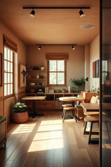 Fototapeta premium comfortable living room with wooden flooring, soft beige furniture, natural light, and cozy decorations