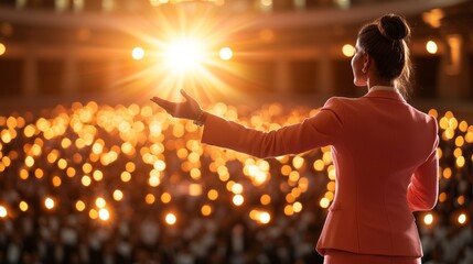 A confident woman motivational speaker on a brightly lit stage, gesturing passionately to a diverse audience, embodying success and leadership in STEM fields