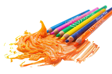 Colorful crayons creating vibrant strokes of orange on a white surface, capturing the spirit of artistic expression and creativity isolated on transparent background