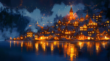 Nighttime lakeside village glowing with lights. Twilight Spire. Illustration