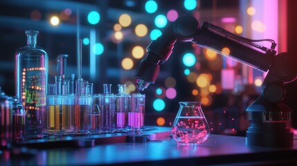 An articulate robotic arm positioned beside an array of advanced instruments with a colorful interface showcasing realtime analytics of chemical reactions in progress.