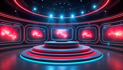 Virtual studio background for TV news online shows. Modern 3D rendering backdrop suitable for VR tracking system. Round stage with colorful neon lights, displays showing cosmos images. Ideal setting