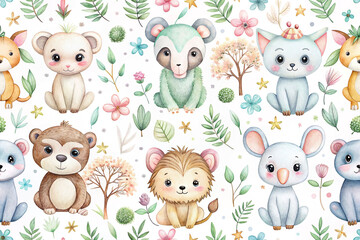 Adorable watercolor animal seamless pattern.