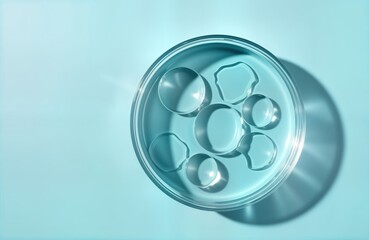 Clear cosmetic gels in petri dish on blue background. Different shapes, sizes. Hard shadows create laboratory science-inspired look. Modern beauty product photo. Skincare, beauty, hydration concepts