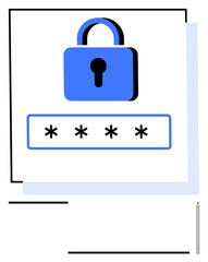 Blue padlock above a password input field with asterisks, representing cybersecurity, login authentication, privacy, safe access, encryption, data protection, and digital trust in an abstract line