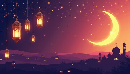 Naklejka premium Vibrant Ramadan Night Scene: Mosque Illuminated by Hanging Lanterns Against Pink and Purple Hued Sky