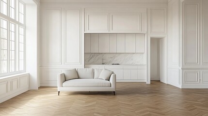 Modern, white minimalist living interior with kitchen, sofa, wood floor, wall panels and marble kitchen. 3d render illustration mock up.