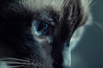 Close-up of a cat's striking blue eye, showcasing intricate fur details and a blurred background
