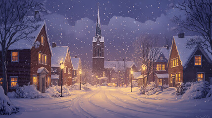 Fototapeta premium Snowy, winter coastal town at twilight with a tall church spire. Twilight Spire. Illustration