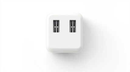 Photorealistic image of a compact white USB wall charger with dual ports, isolated on a white background
