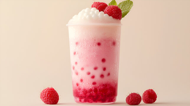 Refreshing raspberry boba drink with creamy topping and fresh raspberries. - Powered by Adobe