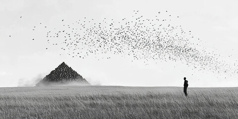 Lone figure observing cube pyramid as birds fly, minimalist and ethereal scene. Generated with AI.