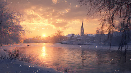 Sunset over a snowy river with city buildings and a church spire. Twilight Spire. Illustration