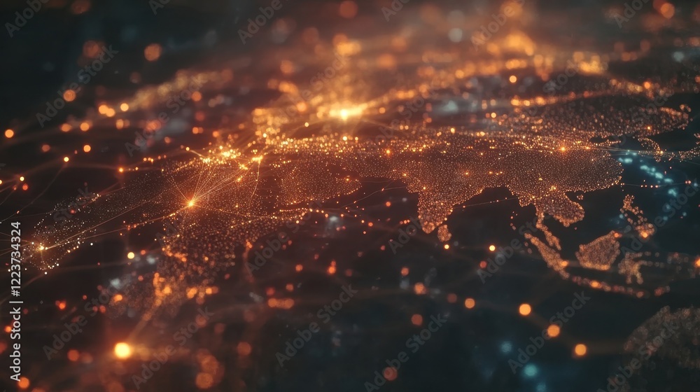 Poster global communication network connecting various points on earth with glowing dots and lines, represe