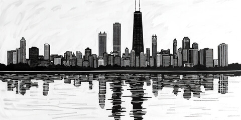 Minimalist urban landscape with stylized skyscrapers reflected on a clean and symmetrical surface. Generated with AI.