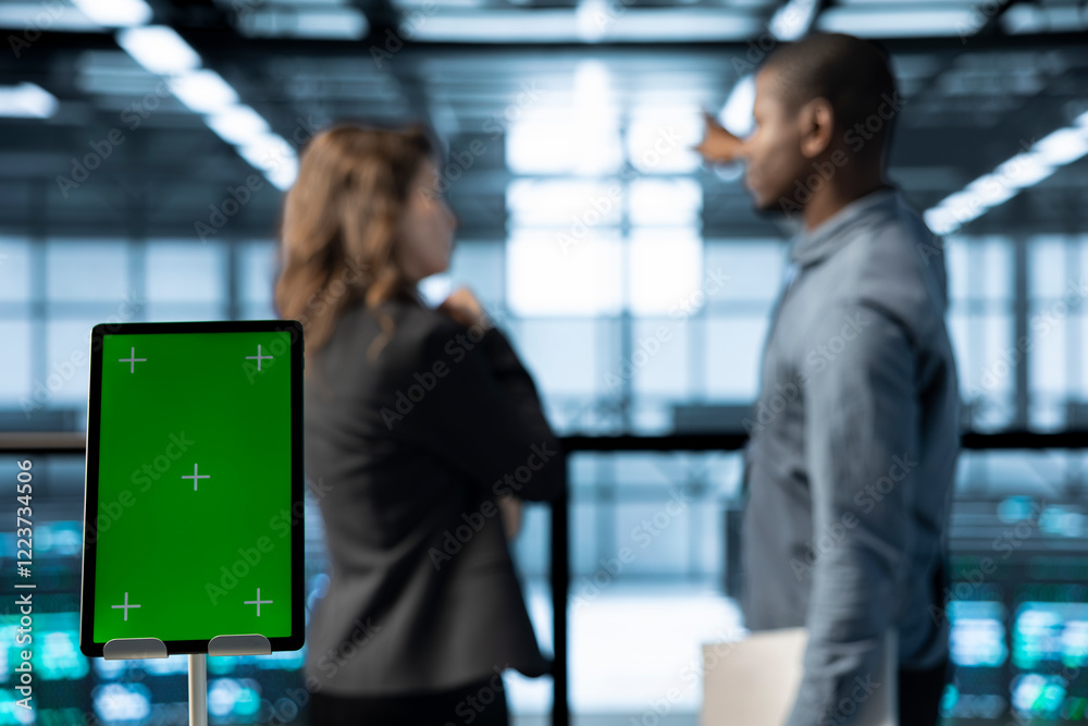 Poster close up of chroma key tablet and teamworking programmers in data center adjusting power management 