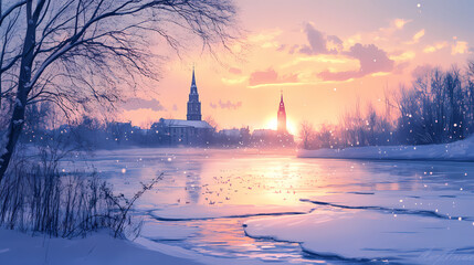 Winter sunset over a frozen river with a church spire in the distance. Twilight Spire. Illustration