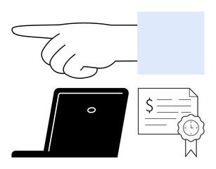 Hand pointing towards an open laptop screen, accompanied by a certificate with a dollar sign and seal, and a blue square. Ideal for business, instructions, accomplishments, guidance, certification
