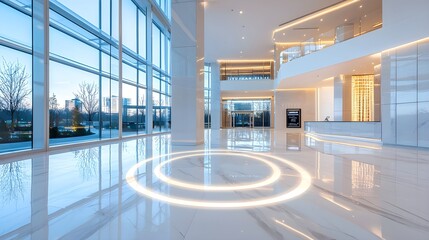Urban condo lobby, polished marble floors and ambient lighting, spacious branding area for real estate ads, luxurious and chic