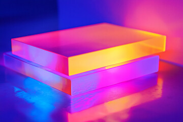 Colorful translucent acrylic blocks illuminated with vibrant lighting, creating a stunning visual effect