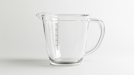 Photorealistic image of a transparent glass measuring cup with volume markings, isolated on a white background
