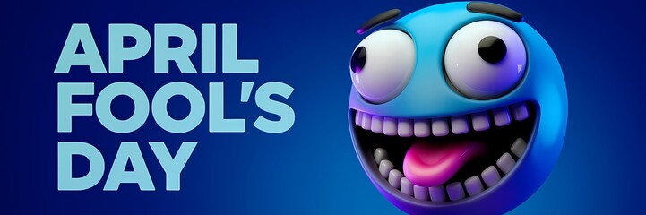 A creative minimalist April Fool's Day poster design with a neon theme. The text "April Fool's Day" is written in large, bold letters. There is a 3D render of a laughing face with large eyes