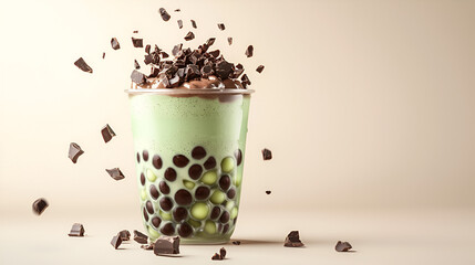 Mint chocolate chip bubble tea with chocolate shavings, a refreshing and decadent treat.