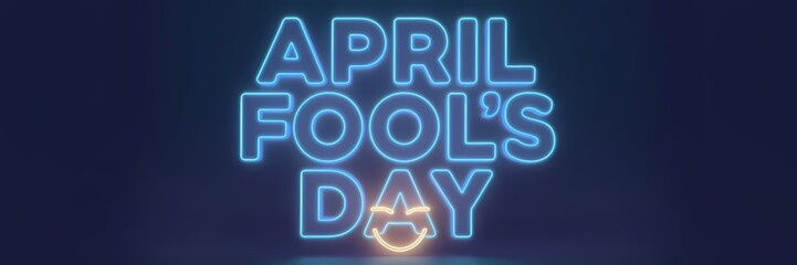 A 3D render of a creative minimalist April Fool's Day poster design with a neon theme. The text "April Fool's Day" is written in large, bold neon letters. Below the text, there's a small, smiling face
