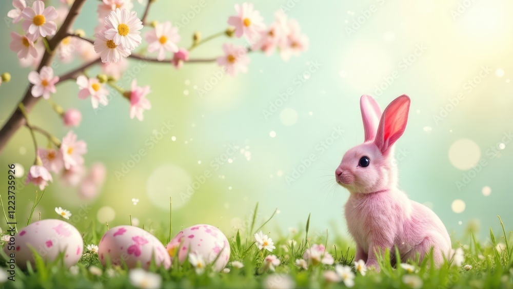 Aufkleber a pink rabbit sits in a grassy field with pink decorated eggs under a flowering tree branch. concept