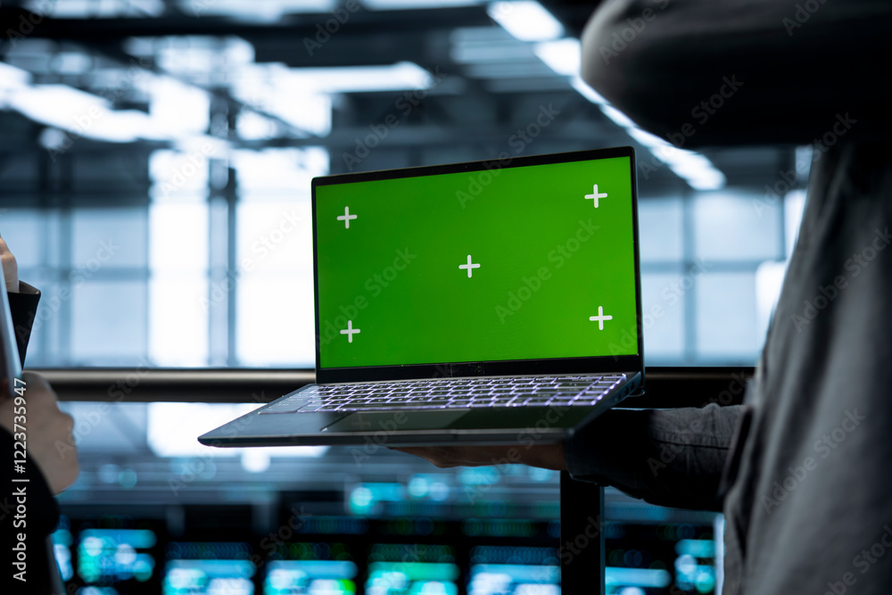 Poster engineers in data center using green screen laptop, implementing predictive analytics scripts, revie