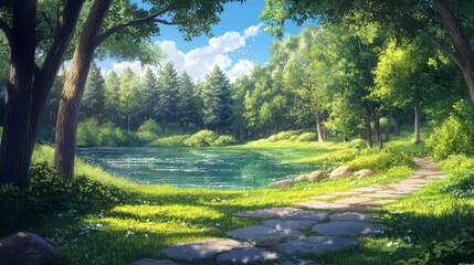 Beautiful colorful summer spring natural landscape with a lake in Park surrounded by green foliage of trees in sunlight and stone path in foreground.