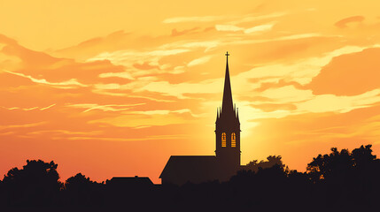 Naklejka premium A church spire against a golden sunset sky. Twilight Spire. Illustration