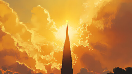 Fototapeta premium A church spire against a golden sunset sky. Twilight Spire. Illustration