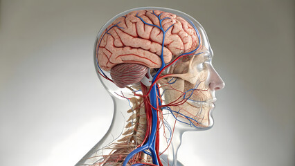 A detailed and accurate depiction of the brain's circulatory system, showcasing intricate networks of blood vessels, veins, and arteries