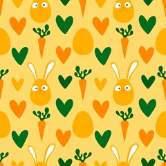 Easter eggs seamless rabbits and carrots pattern for wrapping paper and fabrics and linens and kids clothes print and spring party accessories