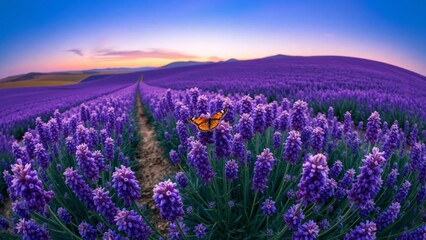 Fototapeta premium Butterfly and Blooming Lavender Sunset