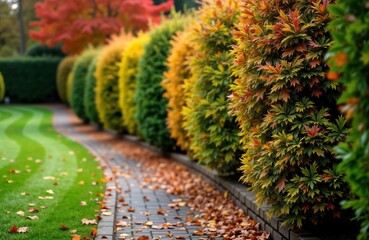 Autumnal garden path lined with colorful hedges. Multicolored shrubs create vibrant display. Fallen leaves cover pathway between hedges, lawn. Brick retaining wall runs alongside path. Nature