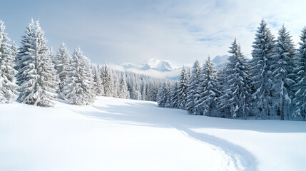 Paisaje invernal con bosque nevado y cielo despejado.