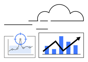 Upsurge graph, target-focused line chart, cloud symbolizing technology. Ideal for data analysis, cloud computing, growth strategy, research, SaaS, innovation abstract line flat metaphor