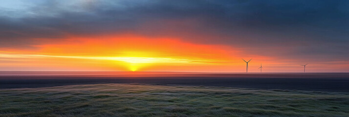 Naklejka premium Aerogeneradores en un campo al atardecer, energía sostenible.