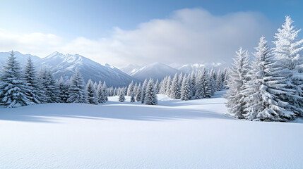 Obraz premium Paisaje invernal con bosque nevado y cielo despejado.