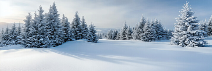 Obraz premium Paisaje invernal con bosque nevado y cielo despejado.