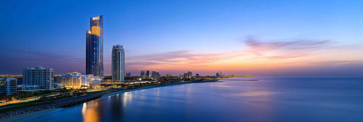 Naklejka premium Vista panorámica de una ciudad costera al amanecer, reflejo en el agua.