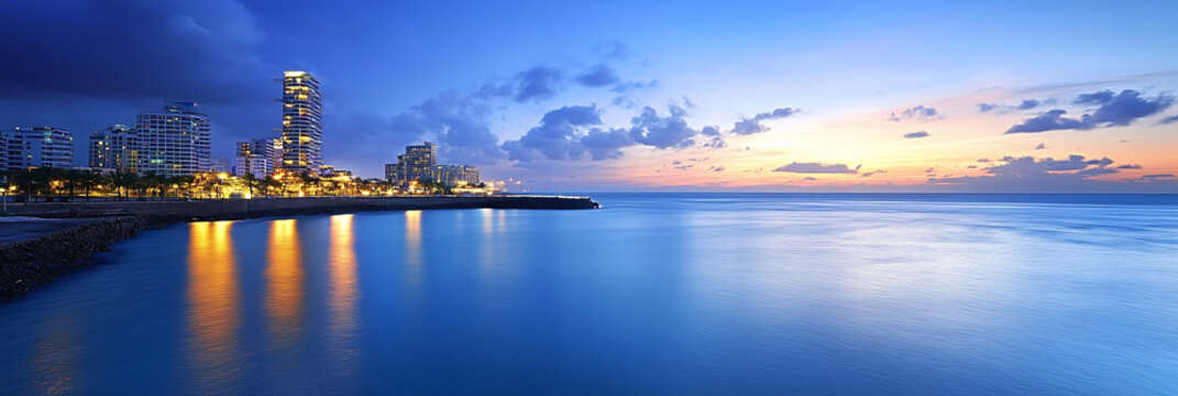 Vista panor&aacute;mica de una ciudad costera al amanecer, reflejo en el agua.